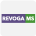 Logo Revoga MS: a palavra esta em branco seu fundo dividido nas cores roxa e verde, e fundo cinza claro.